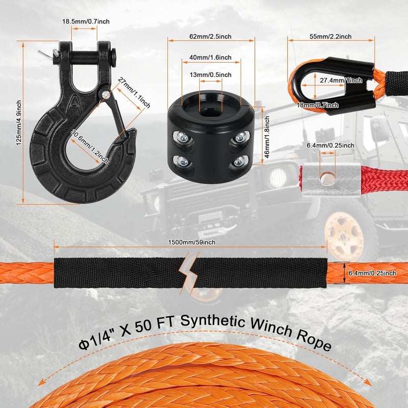 Aomifunny حبل ونش صناعي، 1/4" × 50 قدم 10000 رطل حبل ونش، كابل ونش صناعي مع غلاف واقي + خطاف ونش + حزام سحب أمان لمركبات الطرق الوعرة ATV UTV SUV (برتقالي) - Image 3